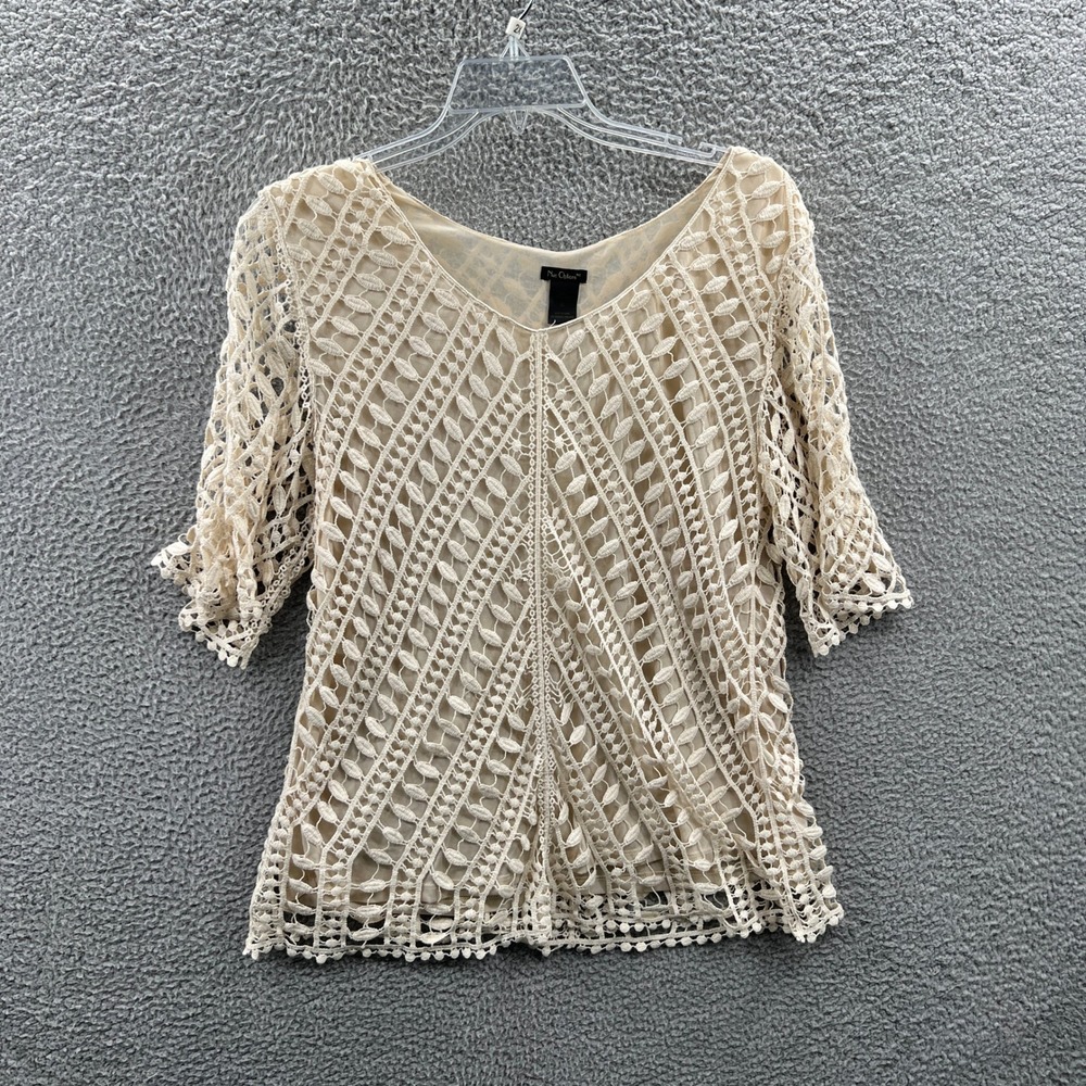 Womens Crochet Boho Blouse XL Cream Lace Cottage Feminine Romantic Sheer Overlay